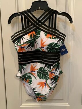Hilor Tropical Crisscross One-Piece Swimsuit in White with Black & Orange